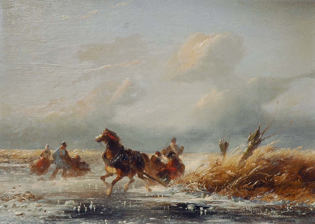 Tavenraat J.  | Johannes Tavenraat, Sledetocht op het ijs, olieverf op paneel 20,6 x 29,4 cm, gesigneerd linksonder en gedateerd 1851