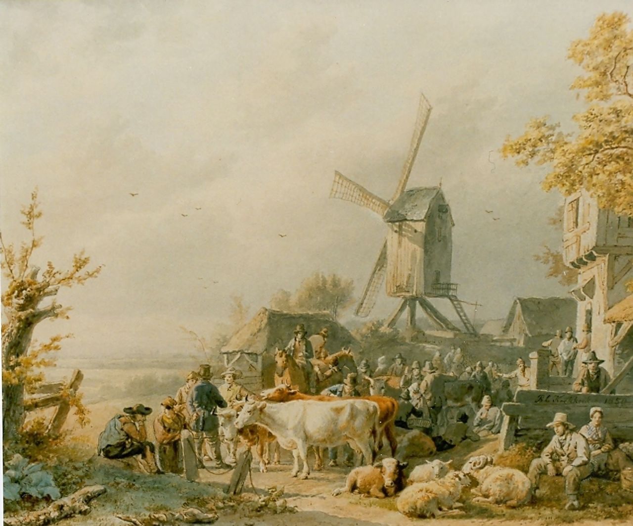 Koekkoek B.C.  | Barend Cornelis Koekkoek, Veemarkt, aquarel op papier 21,5 x 27,4 cm, gesigneerd rechts van het midden en gedateerd 1850