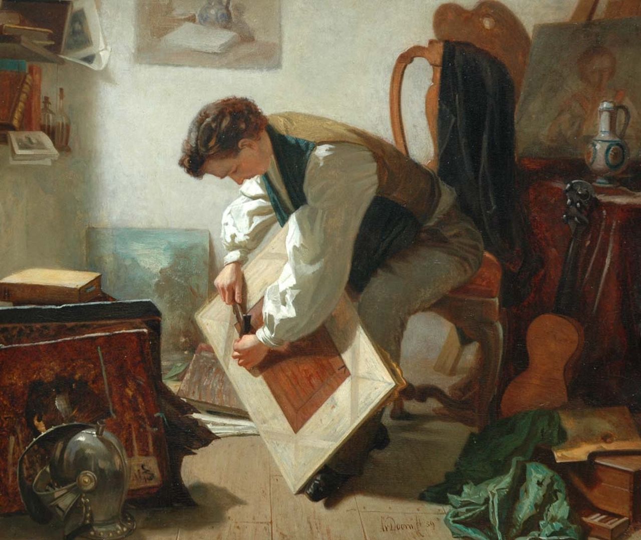 Doorn A. van | Adriaan van Doorn, Het inlijsten van het schilderij, olieverf op paneel 33,2 x 38,9 cm, gesigneerd middenonder en gedateerd '59