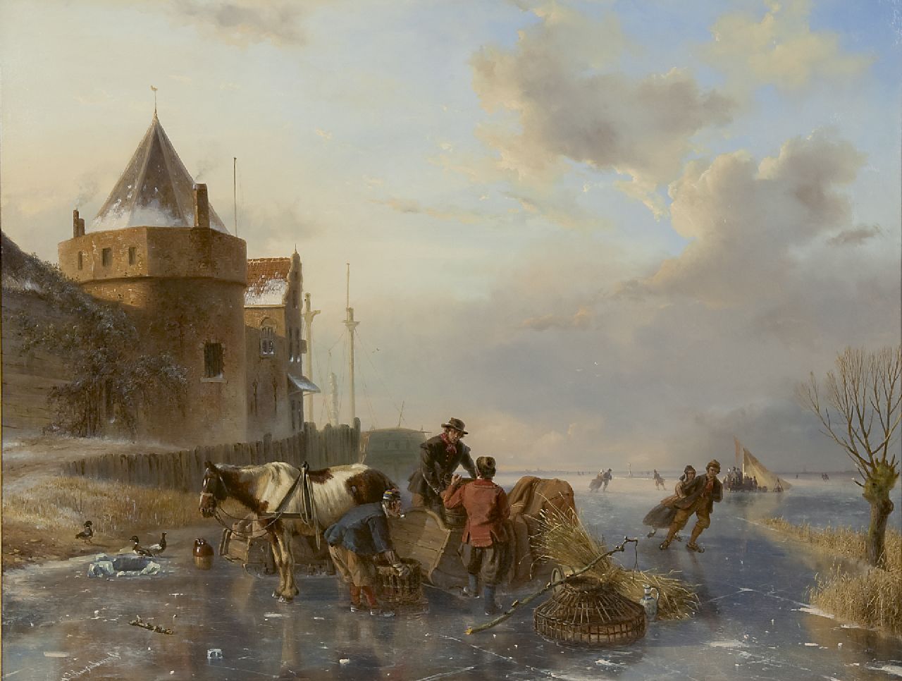 Roosenboom N.J.  | Nicolaas Johannes Roosenboom, Het afladen van de paardenslee, met de Amsterdamse Schreierstoren, olieverf op paneel 63,5 x 83,4 cm, gesigneerd linksonder en te dateren 1844-1845