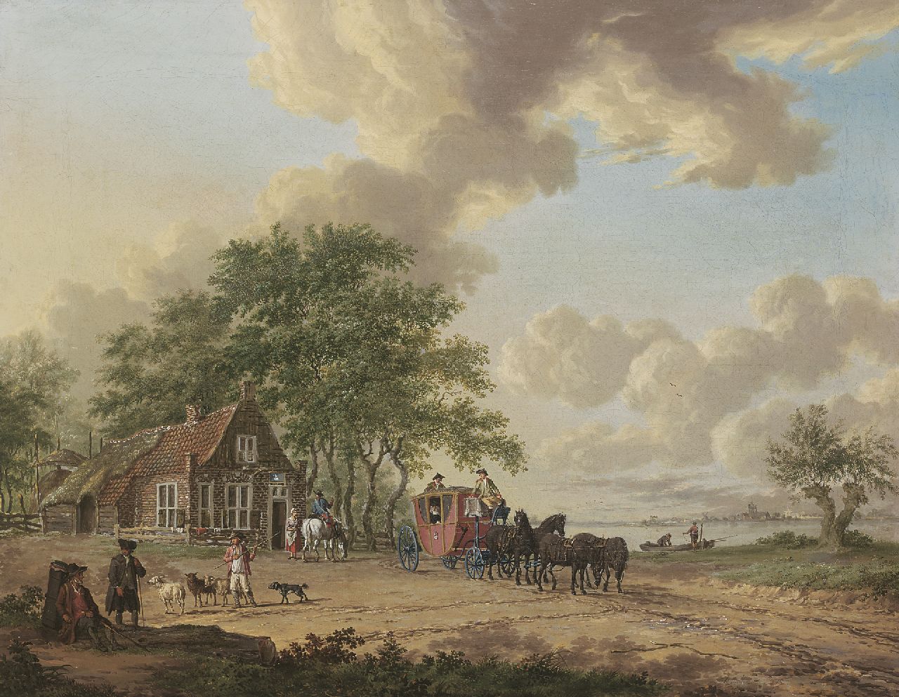 Lofvers H.  | Hendrik Lofvers, Koets en figuren bij een pleisterplaats, olieverf op doek 49,3 x 63,9 cm, gesigneerd rechtsonder en gedateerd 1789