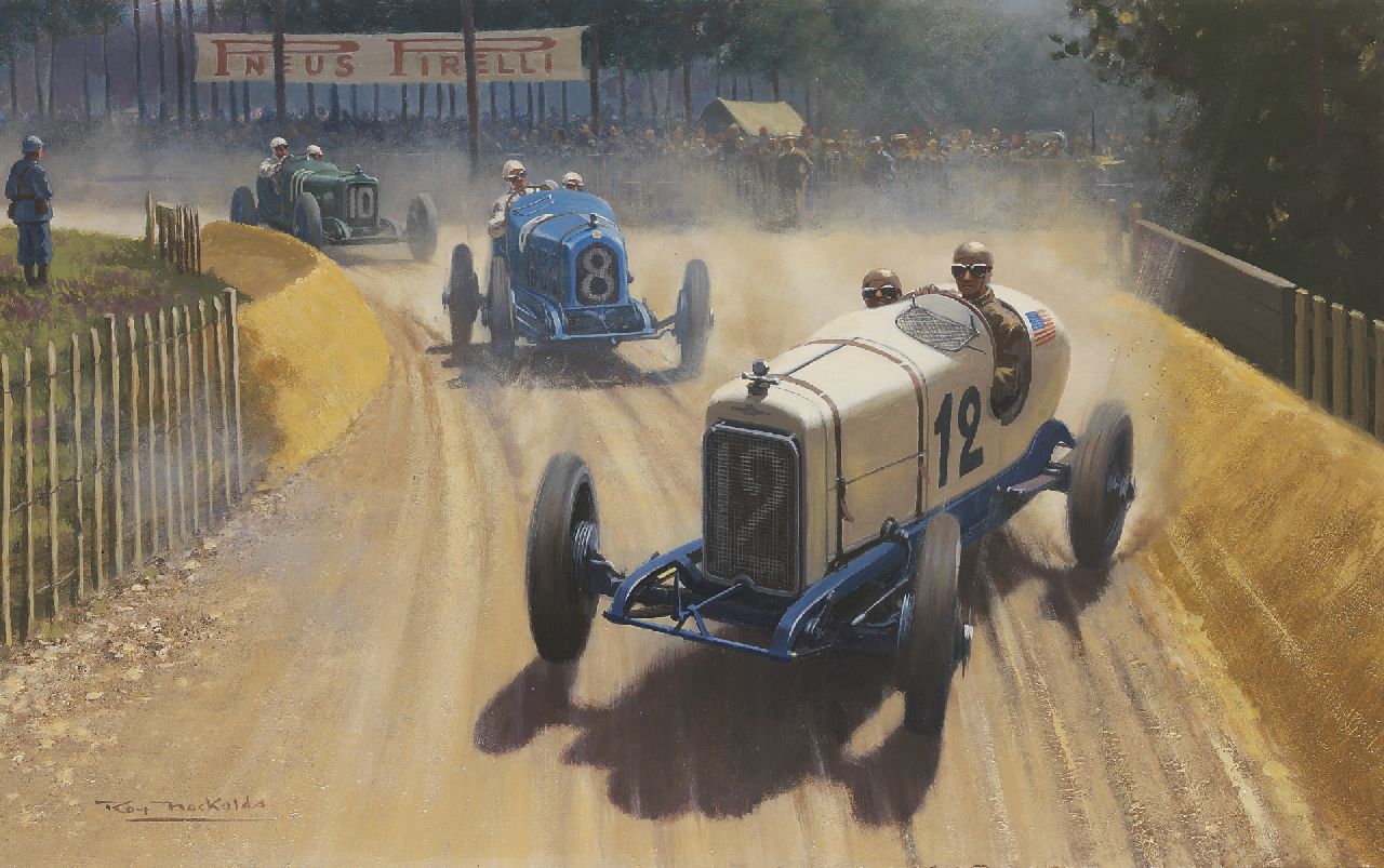 Nockolds R.A. | Roy Anthony Nockolds, Jimmy Murphy wint de Grand Prix van Le Mans in zijn Duesenberg, 1921, olieverf op schildersboard 63,0 x 101,1 cm, gesigneerd linksonder Nockolds R.A. | Roy Anthony Nockolds, Jimmy Murphy wint de Grand Prix van Le Mans in zijn Duesenberg, 1921, olieverf op schildersboard 63,0 x 101,1 cm, gesigneerd linksonder