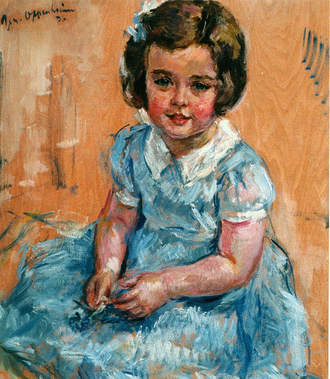 Oppenheimer J.  | Joseph Oppenheimer, Jong meisje in blauw jurkje, olieverf op paneel 75,0 x 63,0 cm, gesigneerd linksboven en gedateerd '36