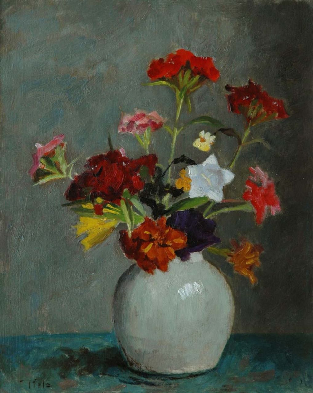 Tiele J.  | 'Jan' Cornelis Tiele, Gemengde zomerbloemen in grijs potje, olieverf op board 30,0 x 24,0 cm, gesigneerd linksonder en te dateren 1945-1955