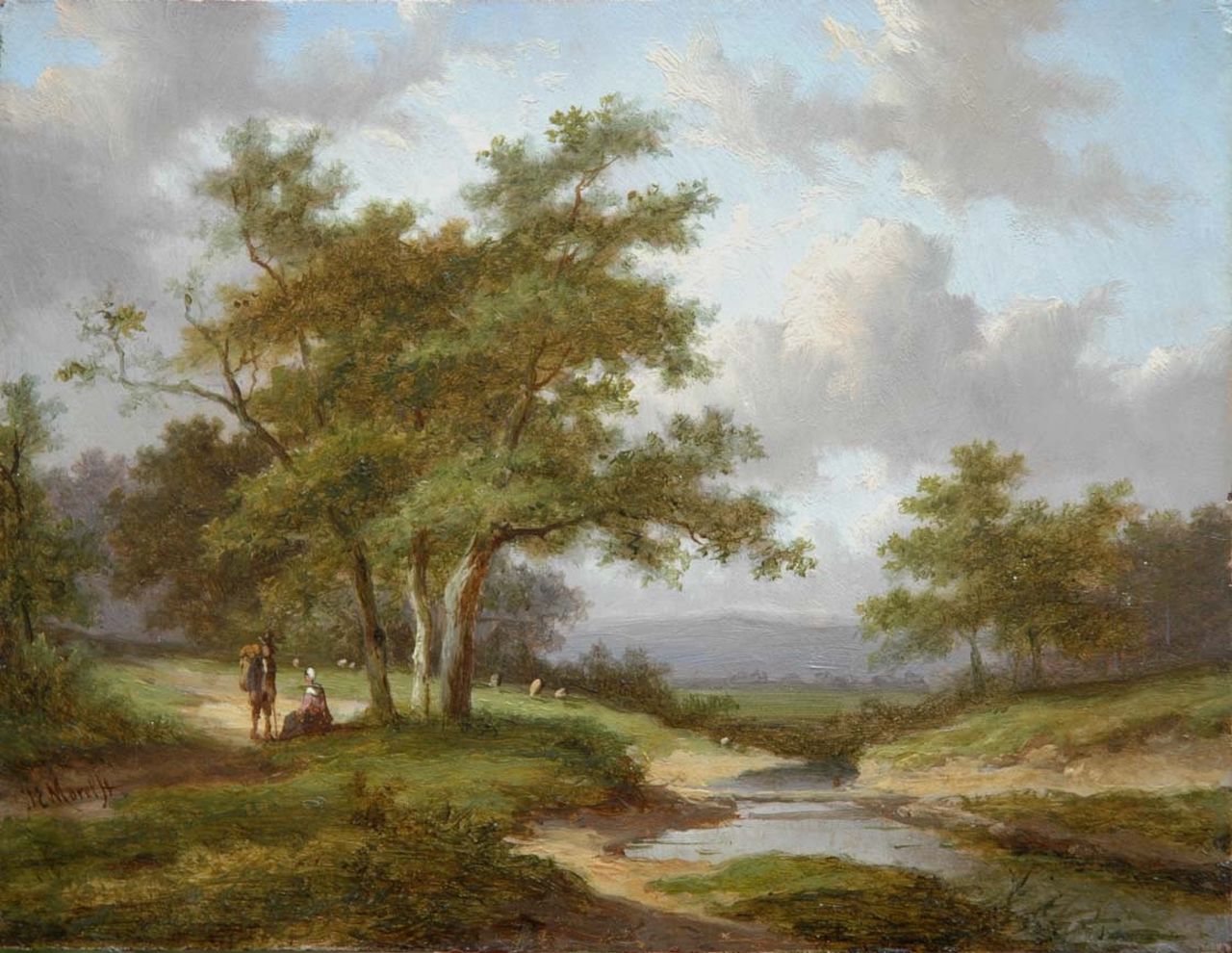 Morel II J.E.  | Jan Evert Morel II, Rustend landvolk onder boom, olieverf op paneel 15,4 x 20,0 cm, gesigneerd linksonder
