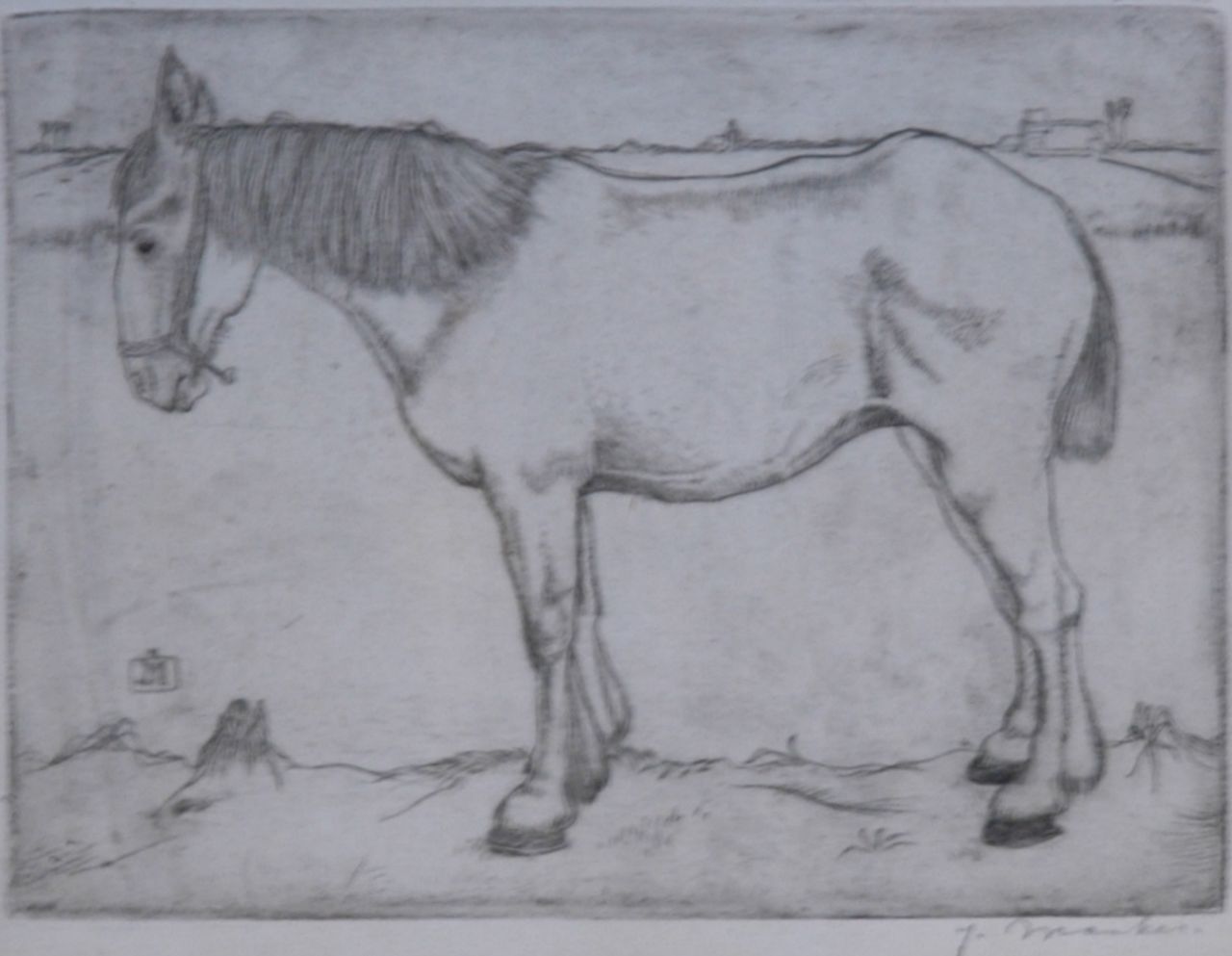 Mankes J.  | Jan Mankes, Staand paard, ets op papier 11,8 x 15,8 cm, gesigneerd rechtsonder (in potlood) en links van het midden met monogram (in ets) en te dateren 1917