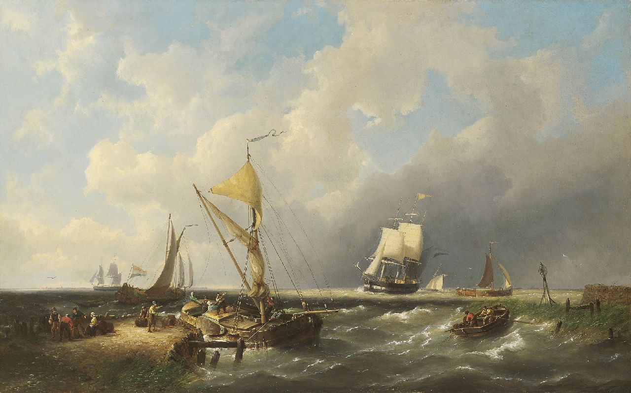 Dommershuijzen P.C.  | Pieter Cornelis Dommershuijzen, Zeilende vrachtschepen op stormachtige zee, olieverf op doek 50,4 x 81,2 cm, gesigneerd linksonder en gedateerd 1865