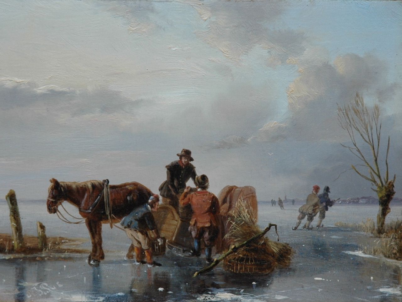 Roosenboom N.J.  | Nicolaas Johannes Roosenboom, IJsgezicht met schaatsers en paardenslee, olieverf op paneel 12,8 x 17,1 cm, gesigneerd linksonder met initialen