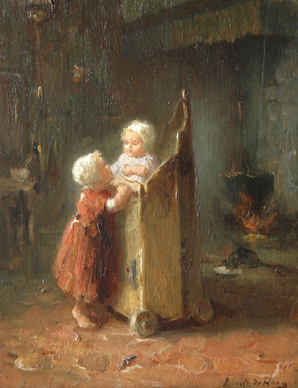 Hoog J.B. de | Johan 'Bernard' de Hoog, Speelkameraadjes, olieverf op paneel 19,8 x 15,2 cm, gesigneerd rechtsonder