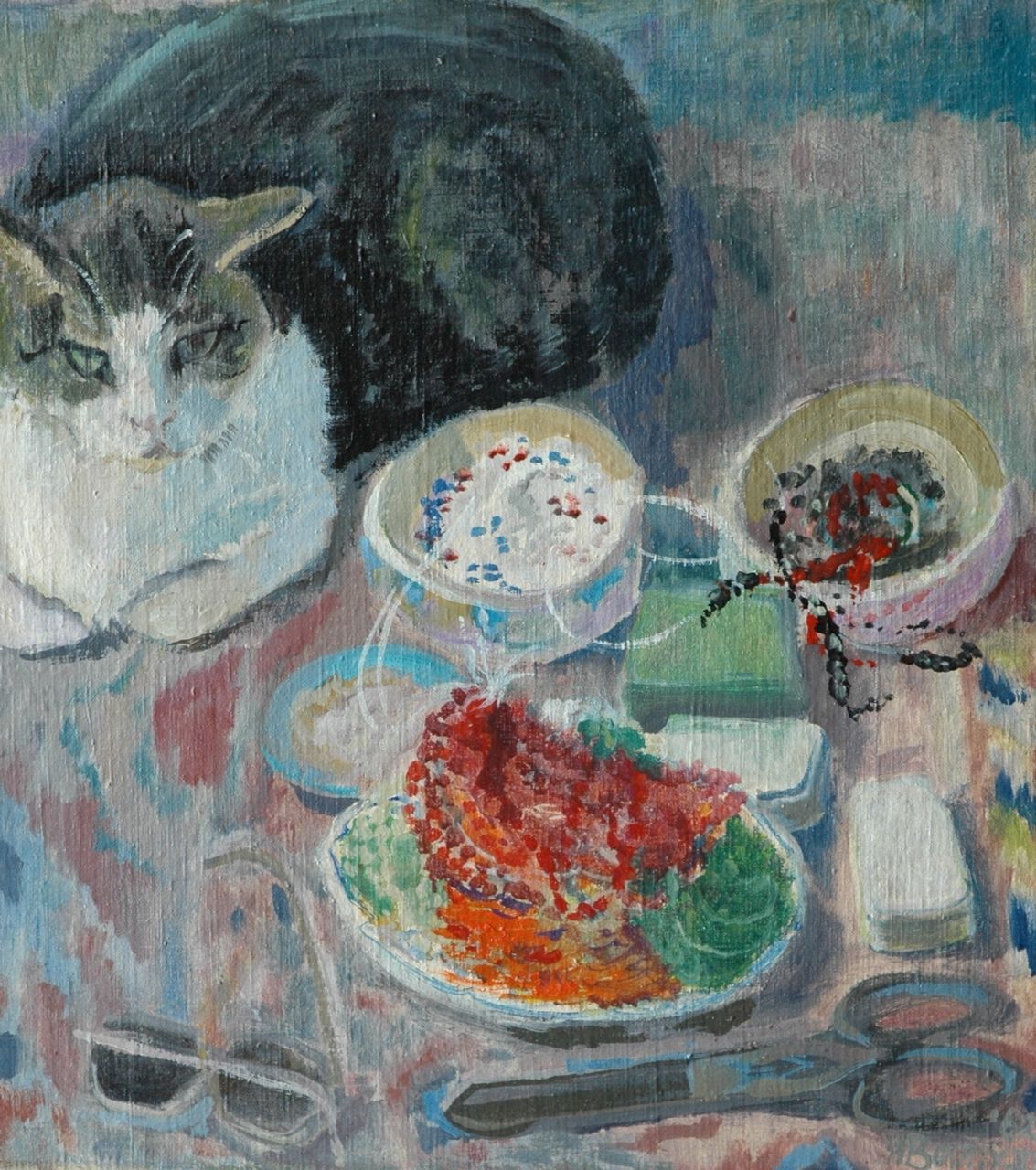 Hannie Bouman | Stilleven met kat, olieverf op doek, 49,9 x 45,0 cm, gesigneerd r.o. en gedateerd '62