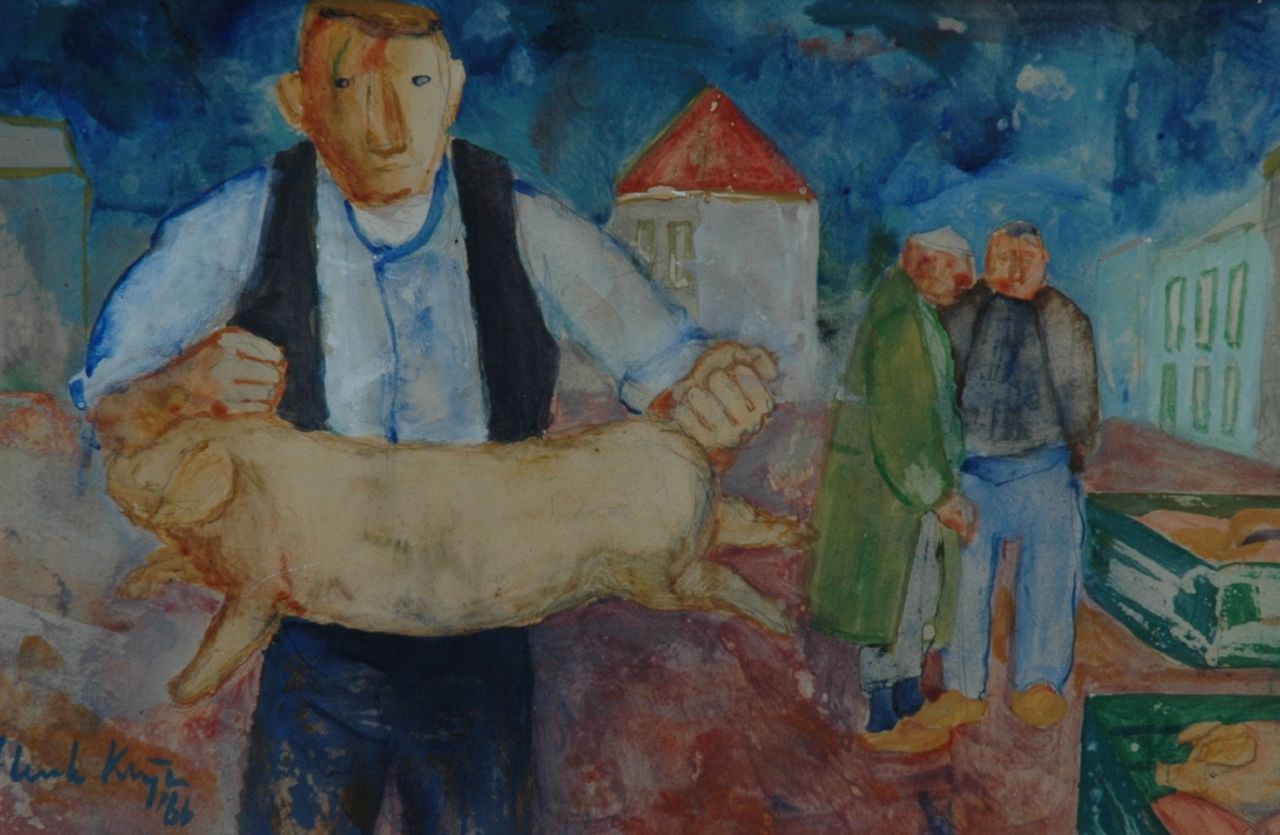 Henk Klijn | Varkensmarkt, aquarel op papier, 32,6 x 50,5 cm, gesigneerd l.o. en gedateerd '66