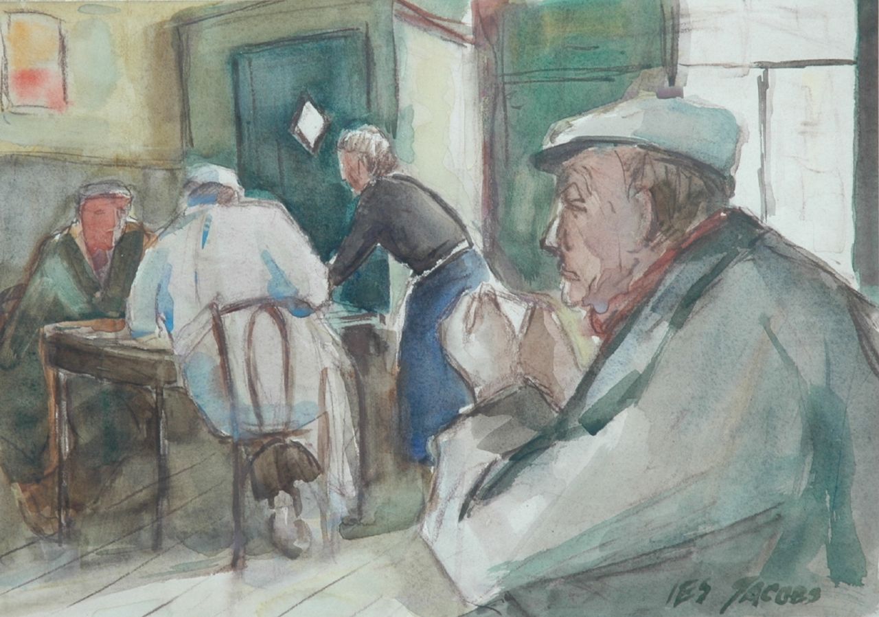 Jacobs I.  | Isaac 'Ies' Jacobs, Boeren en dienster in Café Bakker, aquarel op papier 40,1 x 52,3 cm, gesigneerd rechtsonder