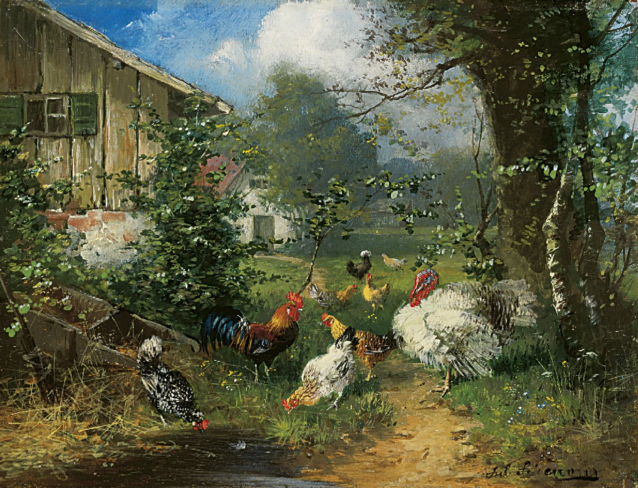 Scheuerer J.  | Julius Scheuerer, Bont pluimvee in een tuin, olieverf op paneel 13,9 x 18,0 cm, gesigneerd rechtsonder