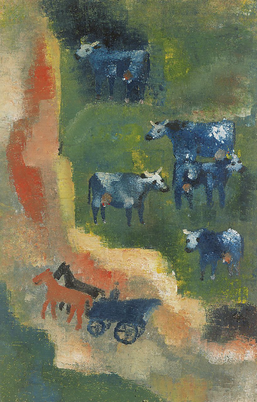 Werkman H.N.  | Hendrik Nicolaas Werkman, Blauwe koeien, uniek druksel, handgestempeld in kleuren op beige velijnpapier 51,0 x 32,7 cm, te dateren 1943