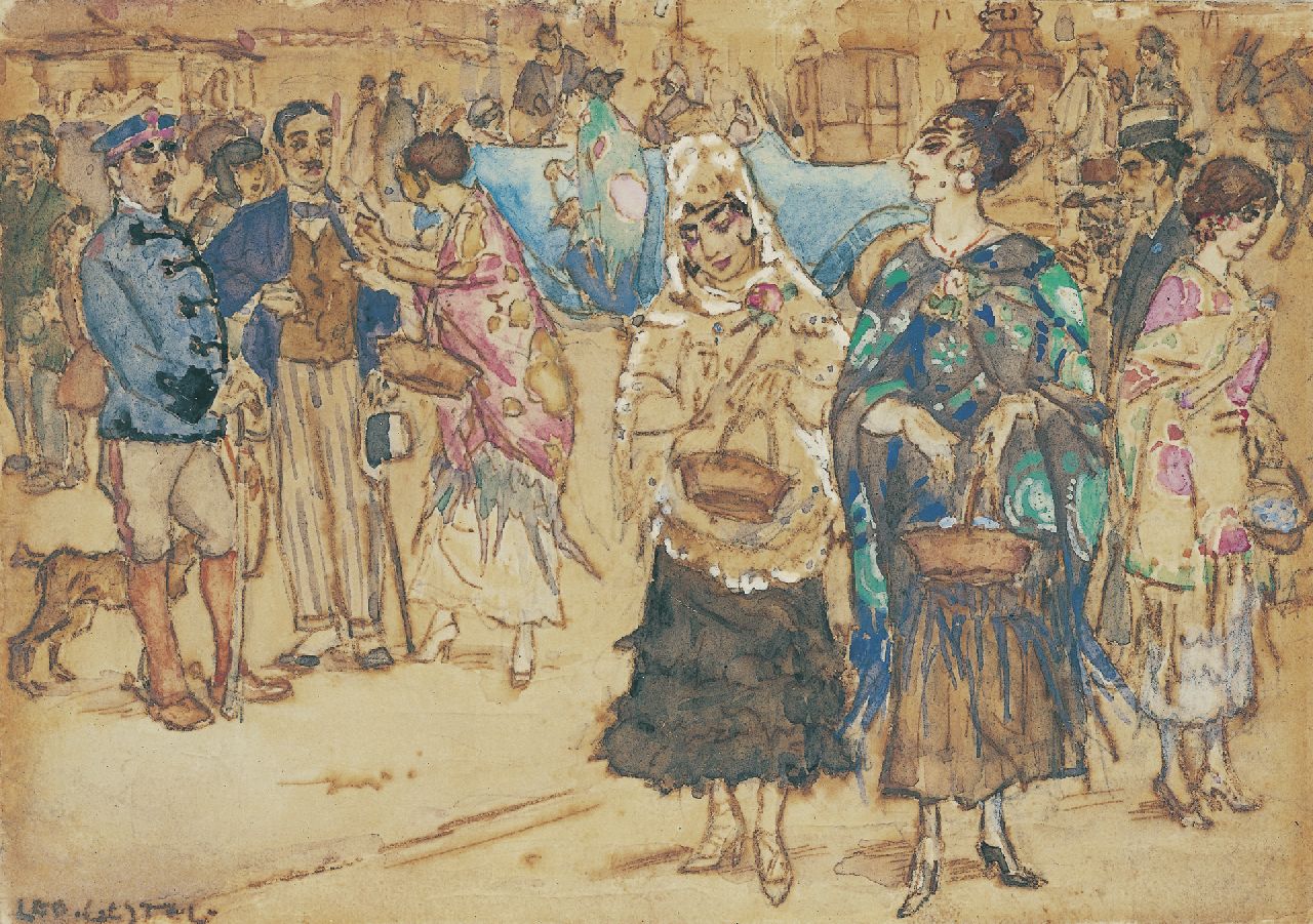 Gestel L.  | Leendert 'Leo' Gestel, Liefdadigheidsdag, Madrid, inkt en aquarel op papier 9,0 x 13,0 cm, gesigneerd linksonder en te dateren ca. 1914