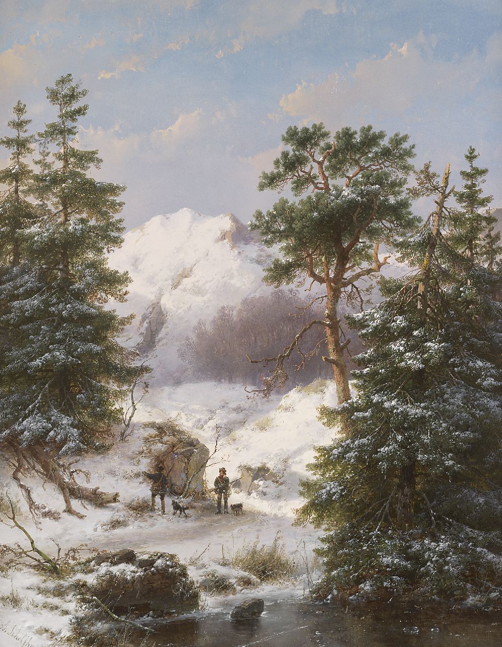Schelfhout A.  | Andreas Schelfhout, Jagers in een berglandschap, olieverf op paneel 62,4 x 48,0 cm, gesigneerd linksonder en gedateerd '55