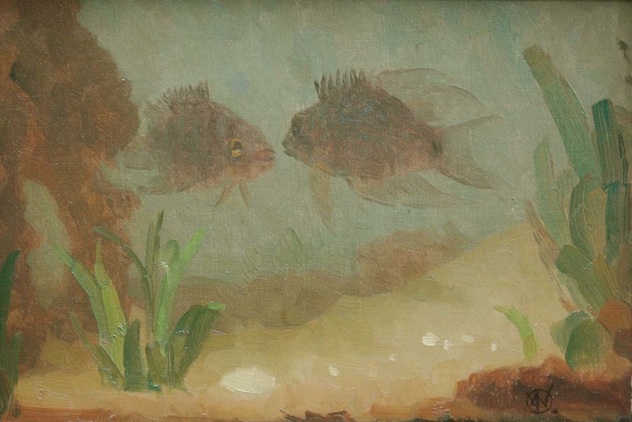 Dijsselhof G.W. | Gerrit Willem Dijsselhof, Vissen in een aquarium, olieverf op doek 18,0 x 25,5 cm, gesigneerd rechtsonder met monogram Dijsselhof G.W. | Gerrit Willem Dijsselhof, Vissen in een aquarium, olieverf op doek 18,0 x 25,5 cm, gesigneerd rechtsonder met monogram