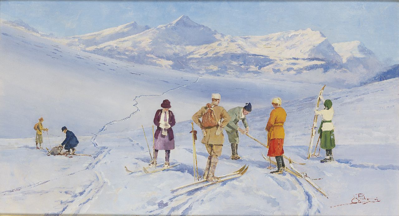 Pellegrini C.  | Carlo Pellegrini, Skigezelschap in de Alpen, olieverf op paneel 33,0 x 60,5 cm, gesigneerd rechtsonder