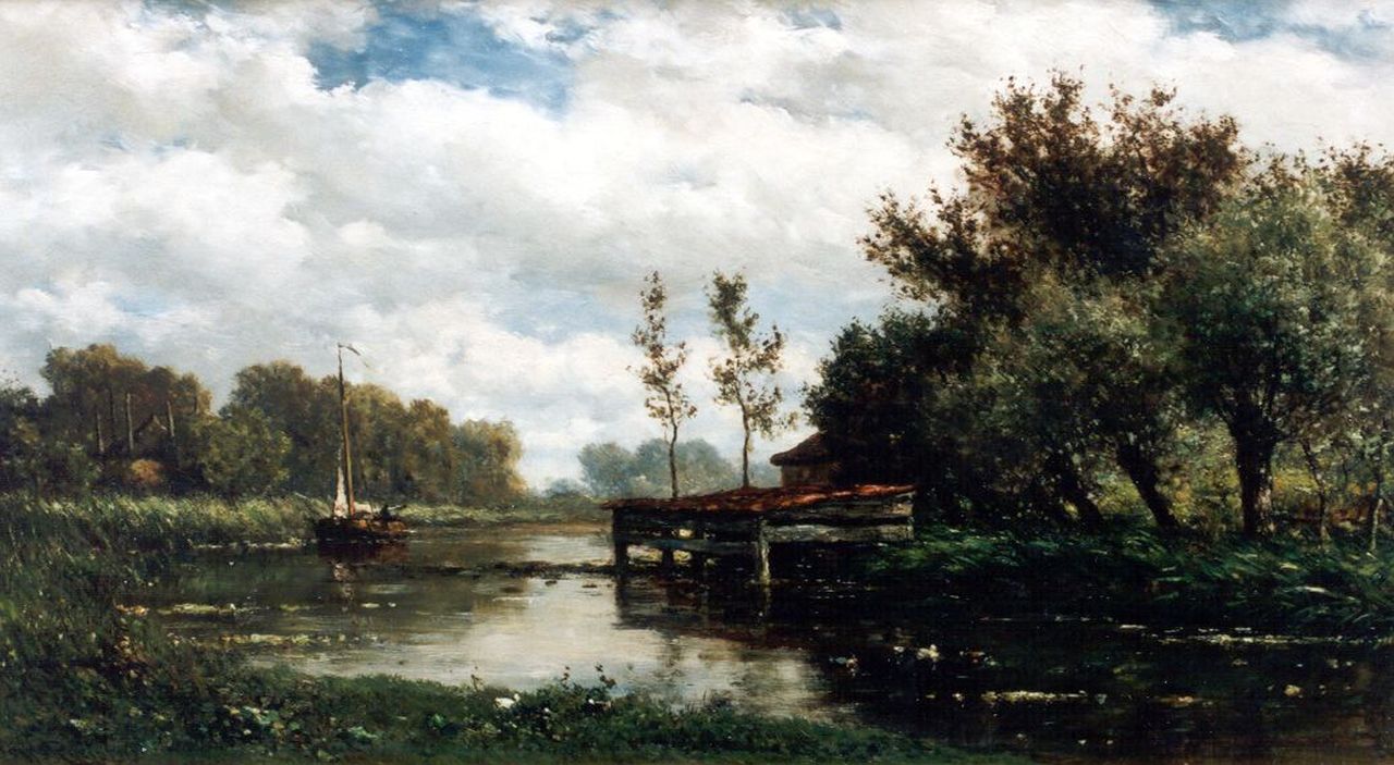 Roelofs W.  | Willem Roelofs, Polderlandschap met botenhuisje, olieverf op paneel 28,0 x 50,4 cm, gesigneerd linksonder
