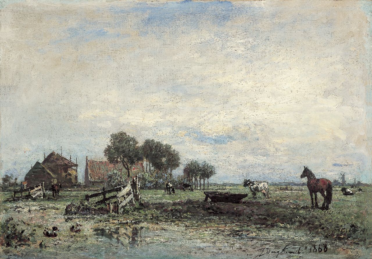 Jongkind J.B.  | Johan Barthold Jongkind, Hollandse boerderij, olieverf op doek 33,0 x 46,5 cm, gesigneerd rechtsonder en gedateerd 1868