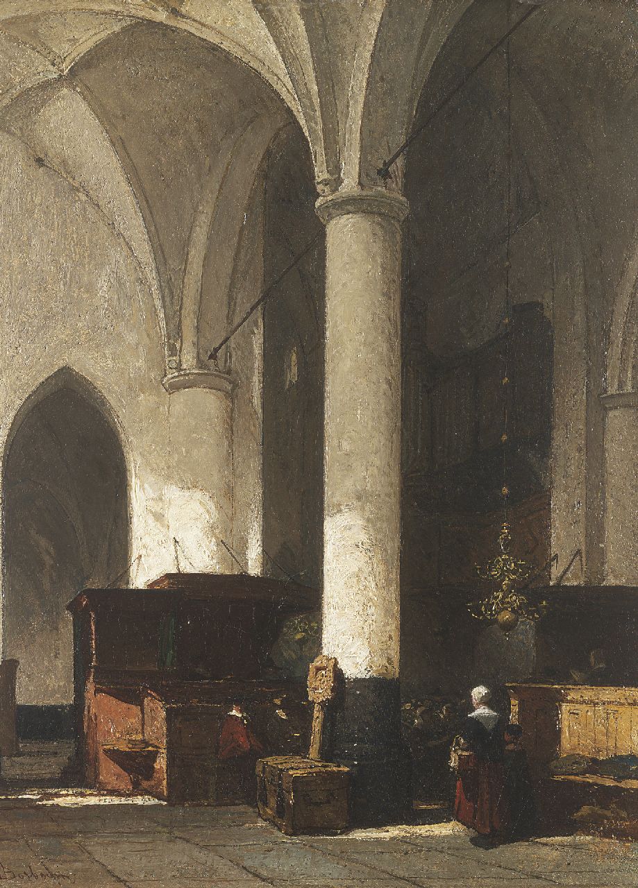 Bosboom J.  | Johannes Bosboom, Interieur van de Hervormde Kerk te Hattem, zuidelijke zijbeuk, gezien naar het middenschip, olieverf op paneel 38,0 x 28,6 cm, gesigneerd linksonder
