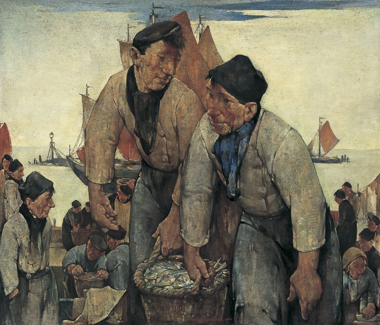 Berg W.H. van den | 'Willem' Hendrik van den Berg, Volendamse vissers met hun vangst, olieverf op doek 85,3 x 100,6 cm, gesigneerd middenonder en gedateerd 1968