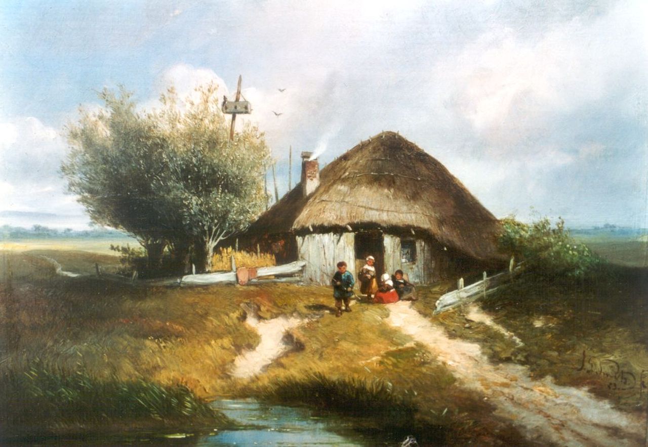 Smits J.G.  | Jan Gerard Smits, Landschap met kinderen bij een boerenhut, olieverf op paneel 22,0 x 28,3 cm, gesigneerd rechtsonder en gedateerd '53