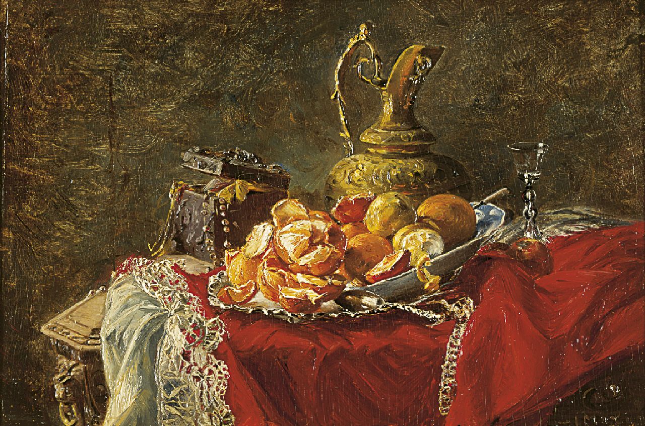 Molijn I.H.  | 'Ida' Helena  Molijn, Pronkstilleven met kan en citrusvruchten, olieverf op paneel 19,8 x 29,6 cm, gesigneerd rechtsonder