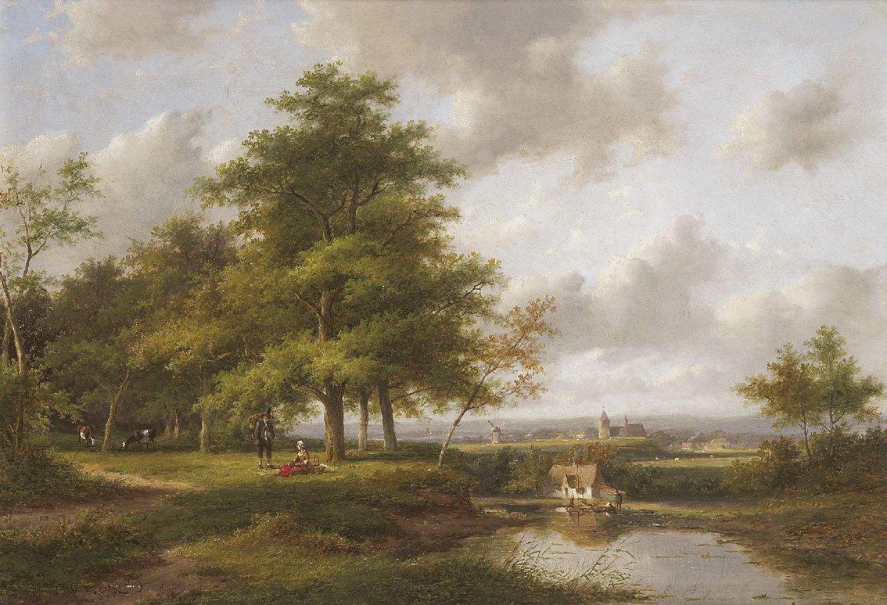 Morel II J.E.  | Jan Evert Morel II, Panoramisch landschap met rustend landvolk, olieverf op paneel 35,3 x 50,9 cm, gesigneerd linksonder