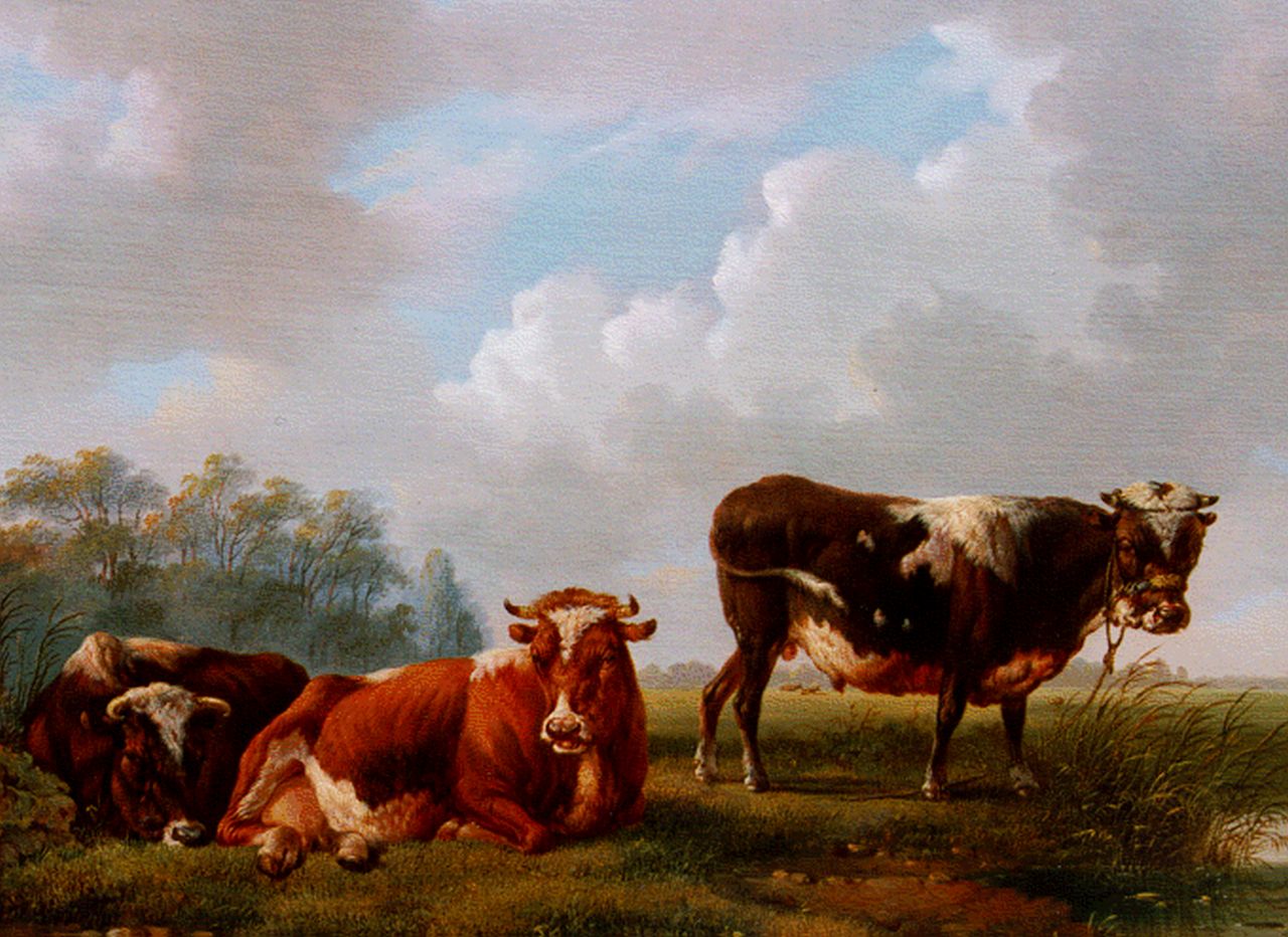 Verhoesen A.  | Albertus Verhoesen, Stier en koeien aan een plas, olieverf op paneel 25,2 x 32,0 cm, gesigneerd linksonder en gedateerd 1857