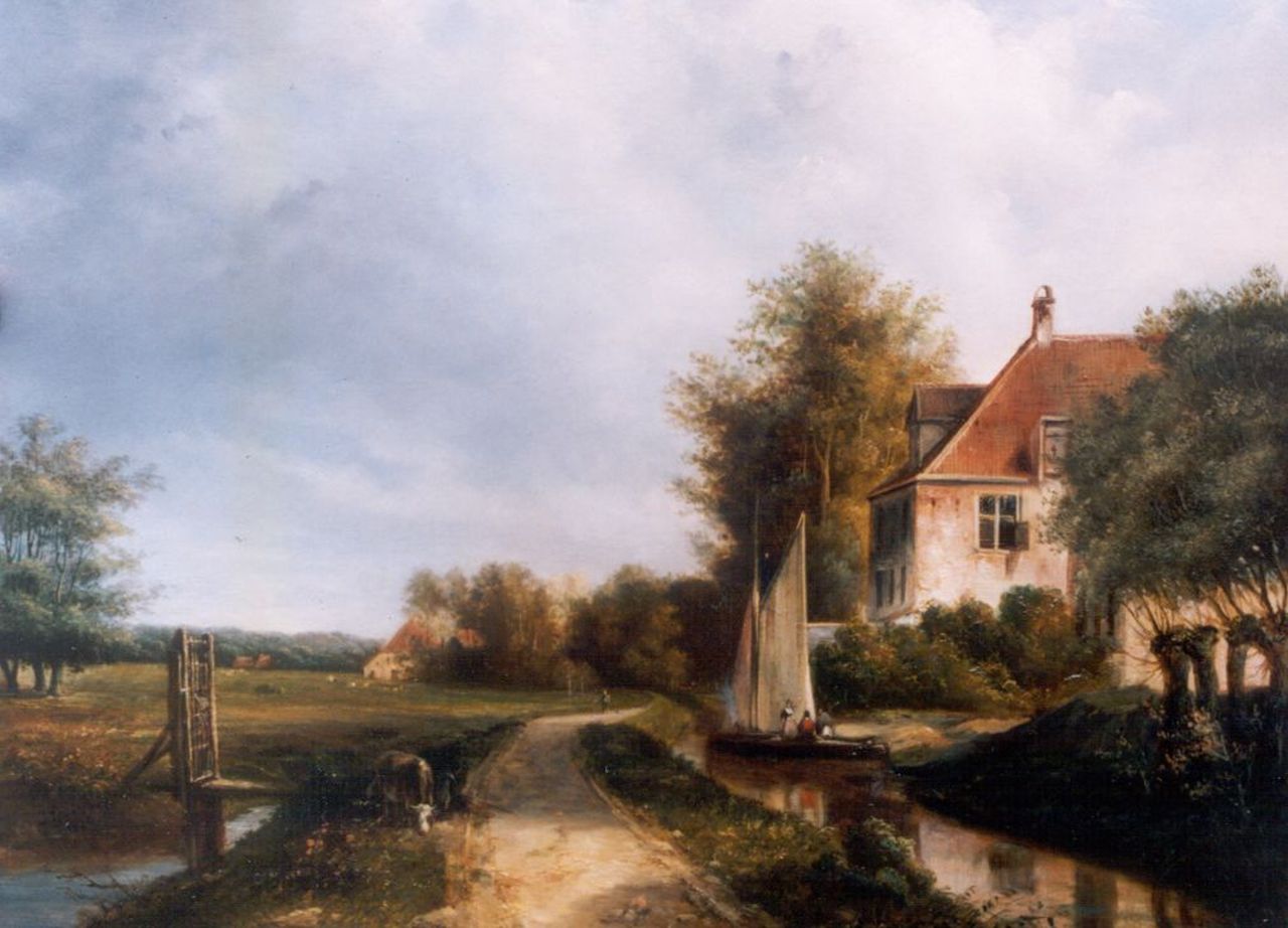 Duvernoy C.  | Charles Duvernoy, Landschap met vaart en zeilboot voor een landhuis, olieverf op paneel 35,0 x 44,2 cm, gesigneerd linksonder en gedateerd 1866