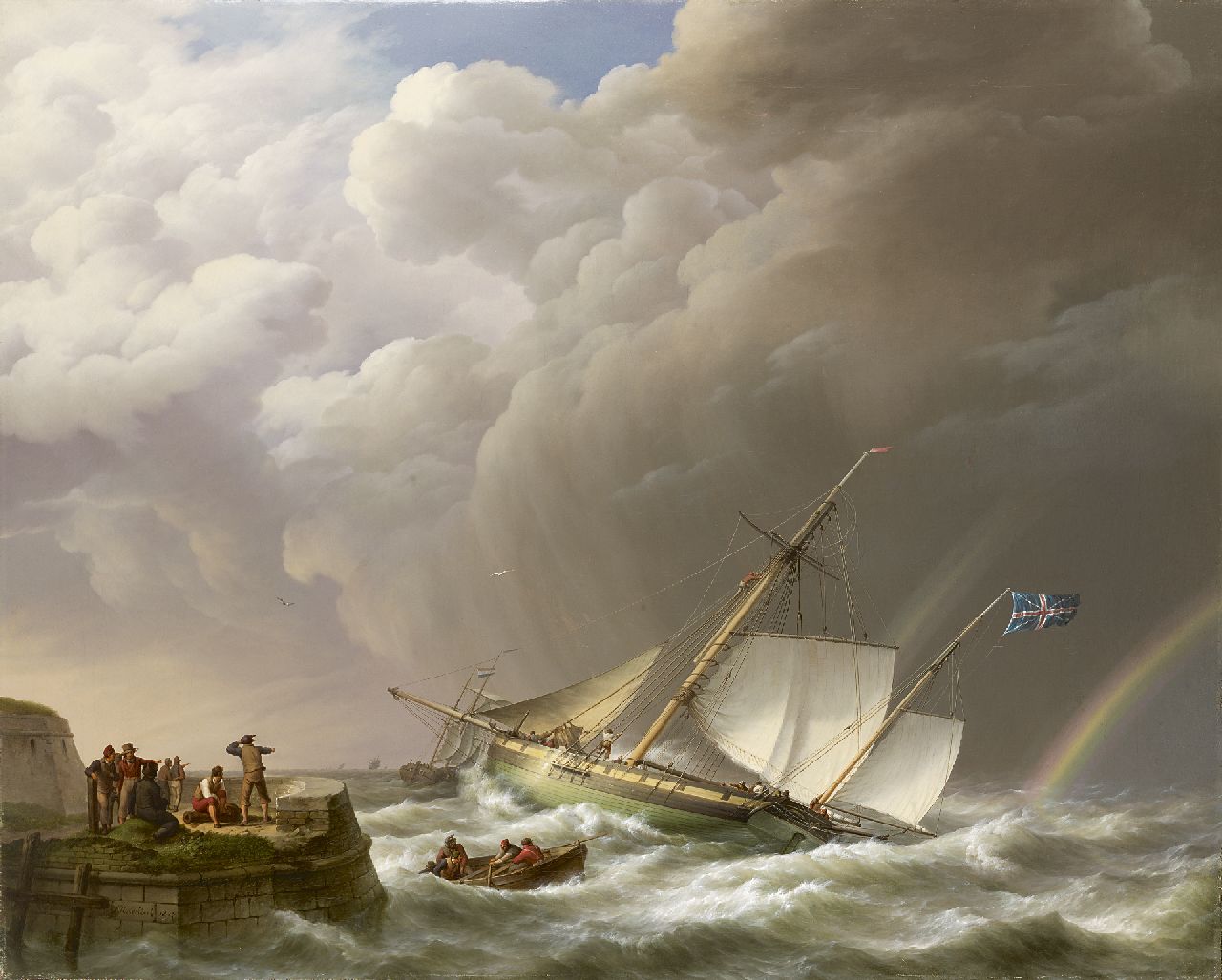 Koekkoek J.H.  | Johannes Hermanus Koekkoek, Een onstuimige zee met regenboog en Engelse oorlogskotter, olieverf op doek 113,0 x 142,0 cm, gesigneerd linksonder en gedateerd 1827