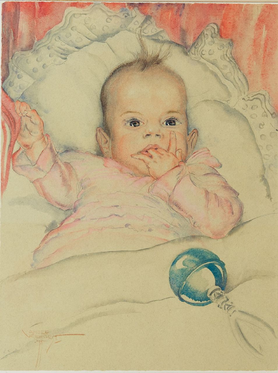 André Verhorst | Babyportret van Emmie Reijnders, potlood en aquarel op papier, 44,5 x 33,5 cm, gesigneerd l.o. en gedateerd '35