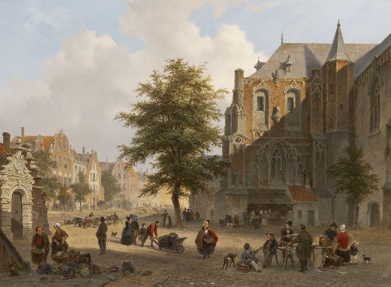Hove B.J. van | Bartholomeus Johannes 'Bart' van Hove, Drukbevolkt marktplein in een Hollands stadje, olieverf op paneel 42,2 x 56,7 cm, gesigneerd rechtsonder en gedateerd 1852