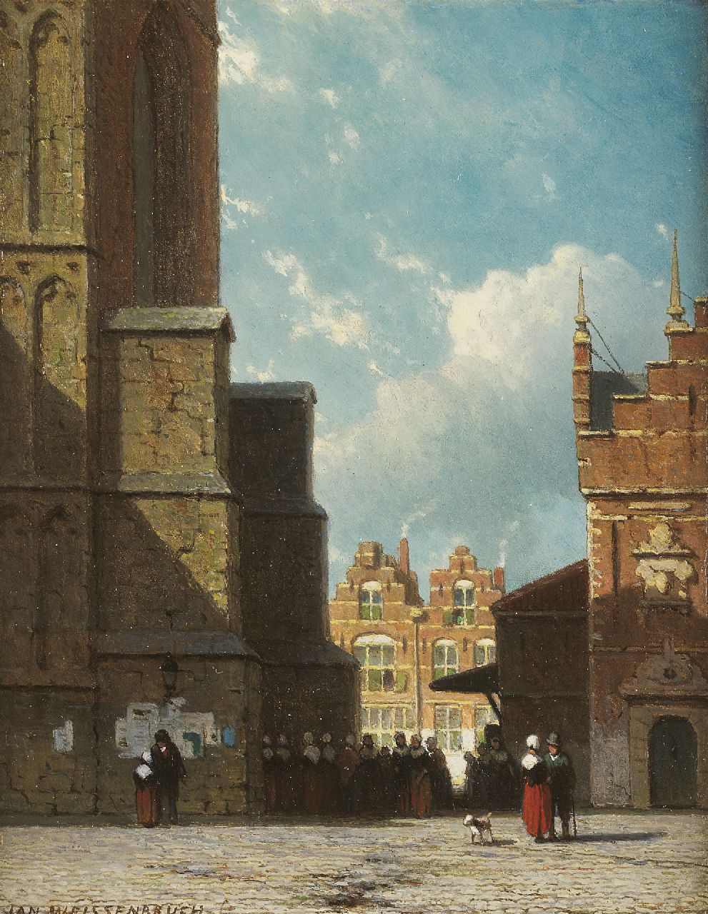 Weissenbruch J.  | Johannes 'Jan' Weissenbruch, De Grote Markt in Haarlem met de St. Bavokerk en de Vleeshal, olieverf op paneel 19,0 x 14,9 cm, gesigneerd linksonder