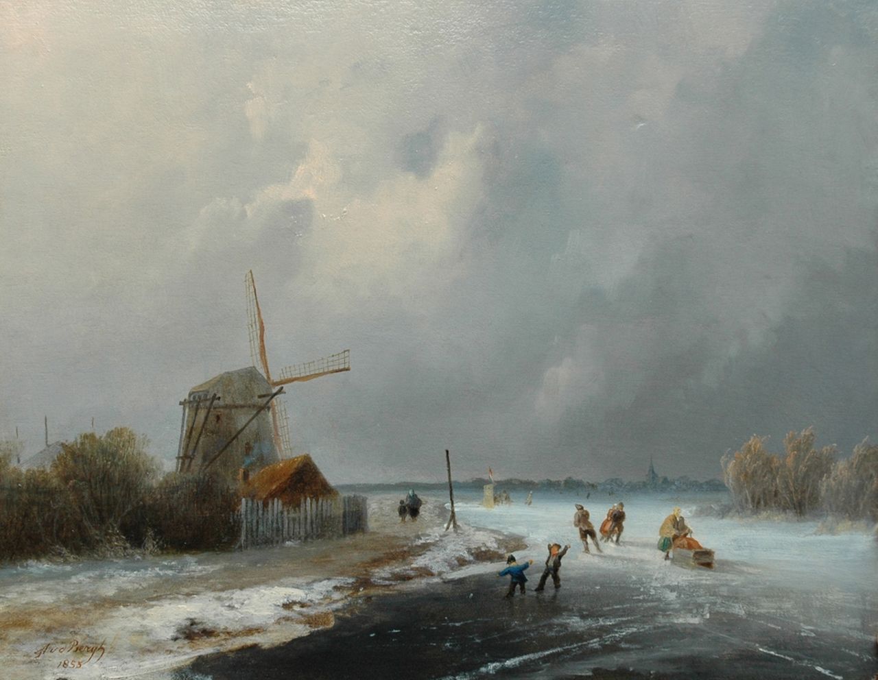 Bergh A. van den | Andries van den Bergh, IJspret bij een molen, olieverf op paneel 30,4 x 38,6 cm, gesigneerd linksonder en gedateerd 1855