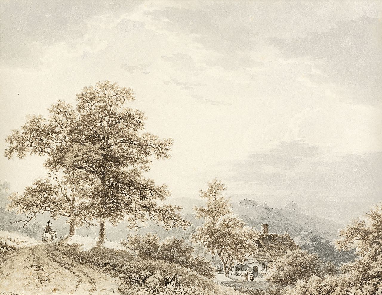 Koekkoek B.C.  | Barend Cornelis Koekkoek, Reiziger te paard in heuvelachtig landschap, sepia en gewassen inkt op papier 21,2 x 27,4 cm, gesigneerd linksonder en te dateren ca. 1833-1840