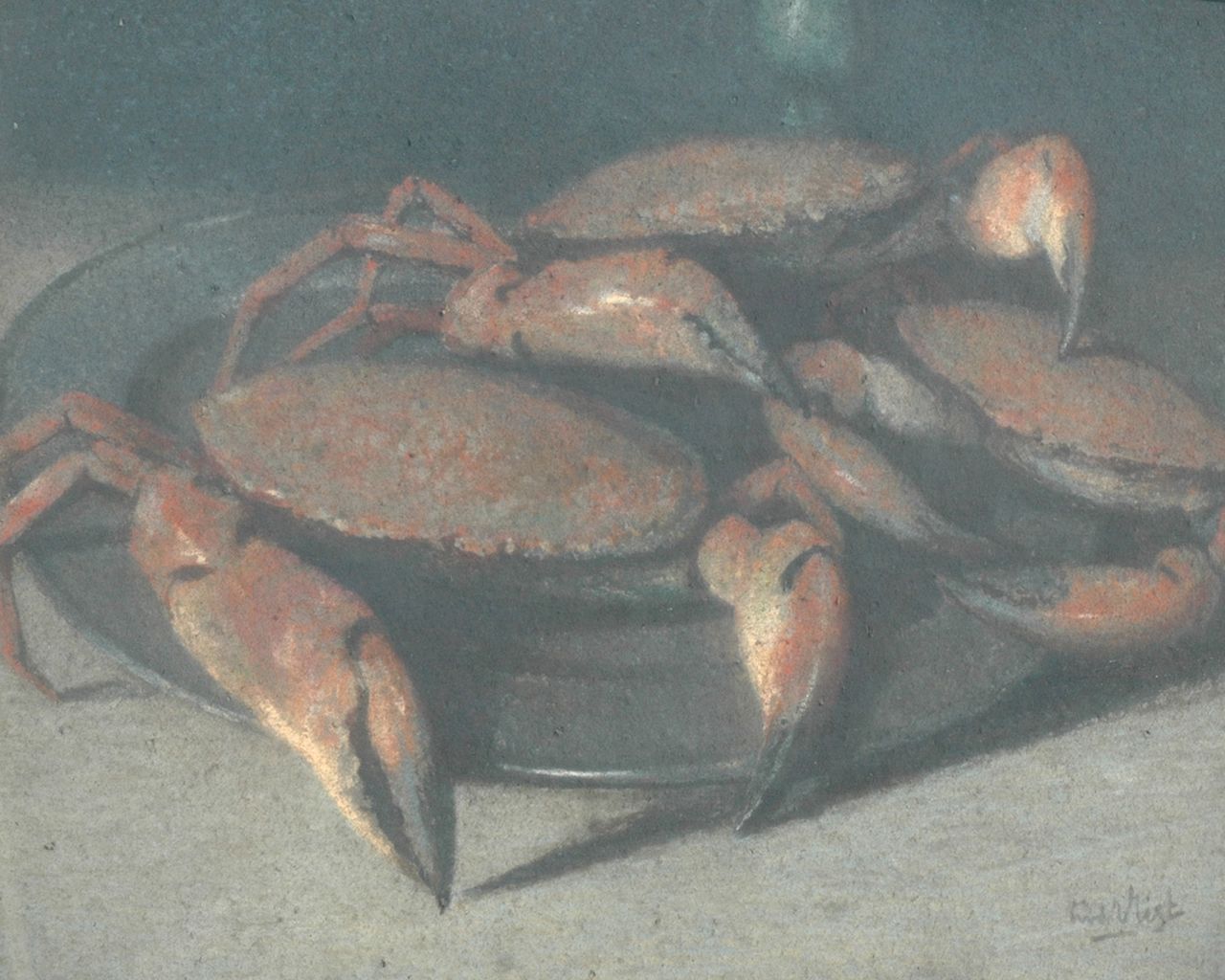 Vlist L. van der | Leendert van der Vlist | Aquarellen en tekeningen te koop aangeboden | Stilleven met krabben, pastel op papier 68,0 x 83,0 cm, gesigneerd rechtsonder
