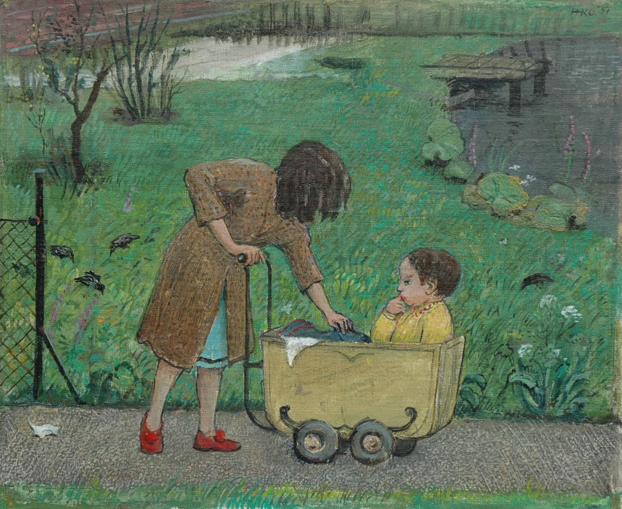 Kamerlingh Onnes H.H.  | 'Harm' Henrick Kamerlingh Onnes, Meisje met kinderwagen, olieverf op doek op board 29,0 x 35,0 cm, gesigneerd rechtsboven met monogram en gedateerd '51