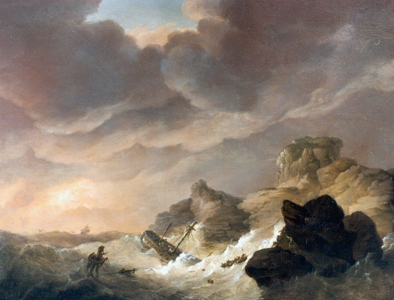 Koekkoek J.H.  | Johannes Hermanus Koekkoek, Schipbreuk bij de rotskust, olieverf op paneel 26,0 x 33,3 cm