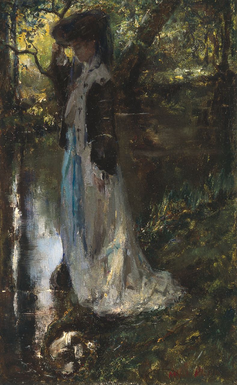Roelofs O.W.A.  | Otto Willem Albertus 'Albert' Roelofs, Elegante jonge vrouw bij een beekje, olieverf op paneel 39,5 x 25,0 cm