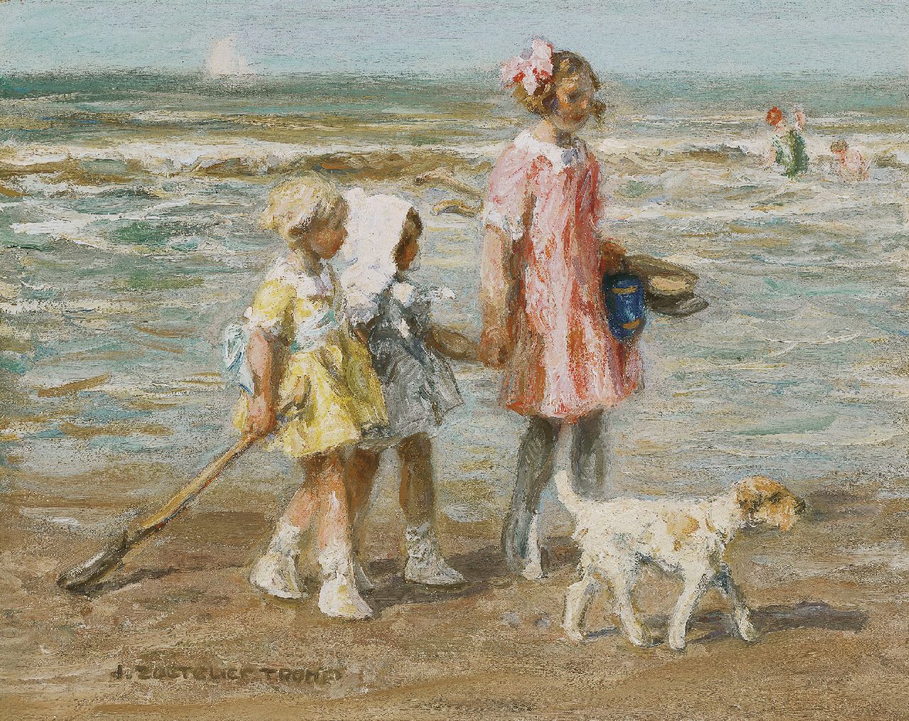 Zoetelief Tromp J.  | Johannes 'Jan' Zoetelief Tromp, Meisjes op het strand in Katwijk, olieverf op doek 40,5 x 51,0 cm, gesigneerd linksonder