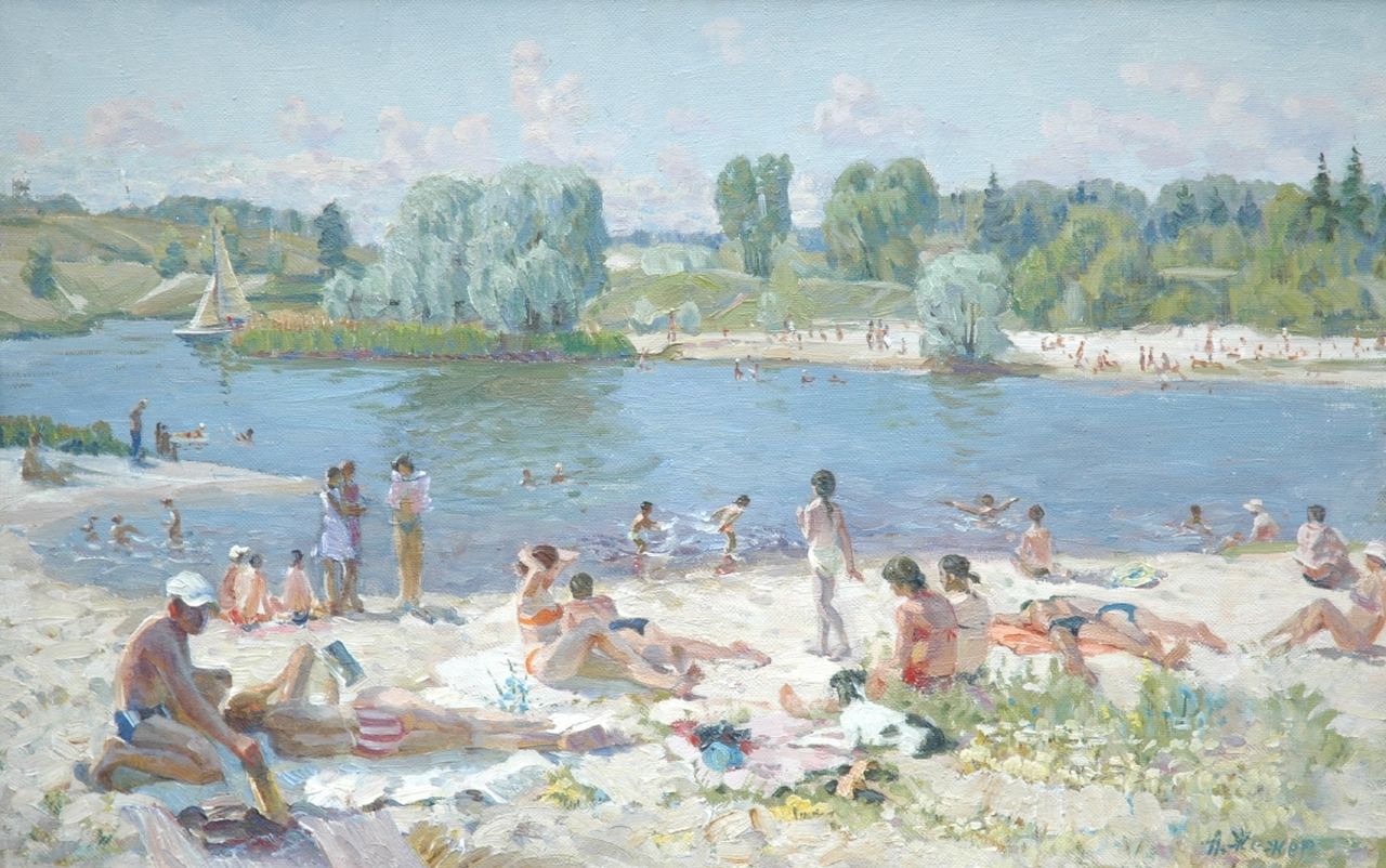 Zjezjer A.M.  | Anatoli Michailovich Zjezjer, Zomers strandvermaak aan de Dnjepr, Oekraïne, olieverf op doek 54,2 x 84,9 cm, gesigneerd rechtsonder en verso