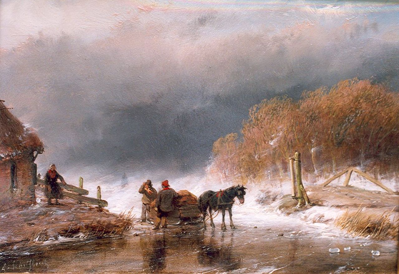 Schelfhout A.  | Andreas Schelfhout, Paardenslee met figuren op het ijs bij opkomende storm, olieverf op paneel 15,8 x 23,0 cm, gesigneerd linksonder en te dateren ca. 1860