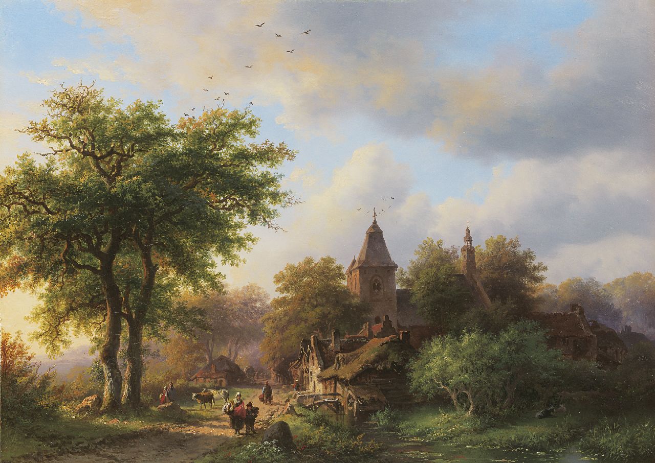Kruseman F.M.  | Frederik Marinus Kruseman, Beboste landweg langs een dorpsrand, olieverf op paneel 29,5 x 41,0 cm, te dateren 1857