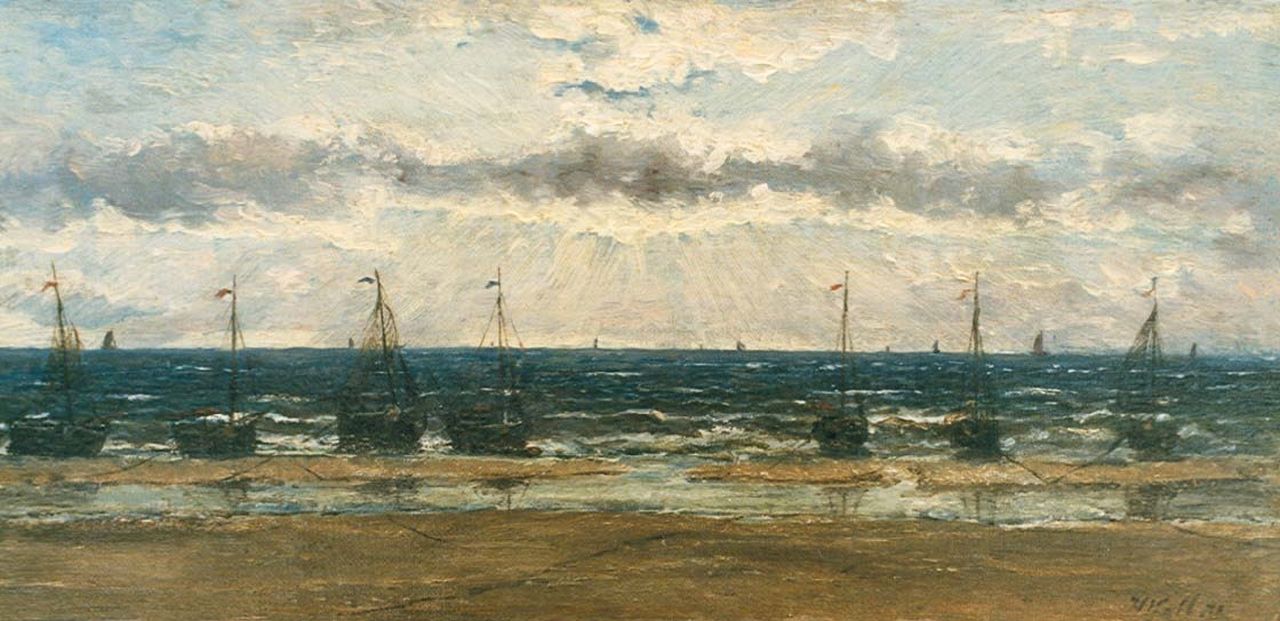 Mesdag H.W.  | Hendrik Willem Mesdag, Bomschuiten op het strand, olieverf op doek op paneel 13,9 x 29,0 cm, gesigneerd rechtsonder met initialen en gedateerd '71