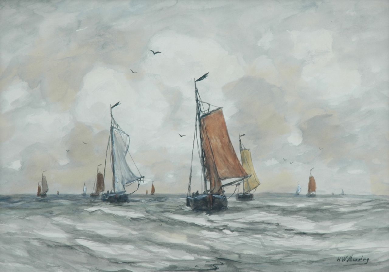 Mesdag H.W.  | Hendrik Willem Mesdag, Bomschuiten op zee op een heldere dag, aquarel op papier 40,5 x 56,5 cm, gesigneerd rechtsonder