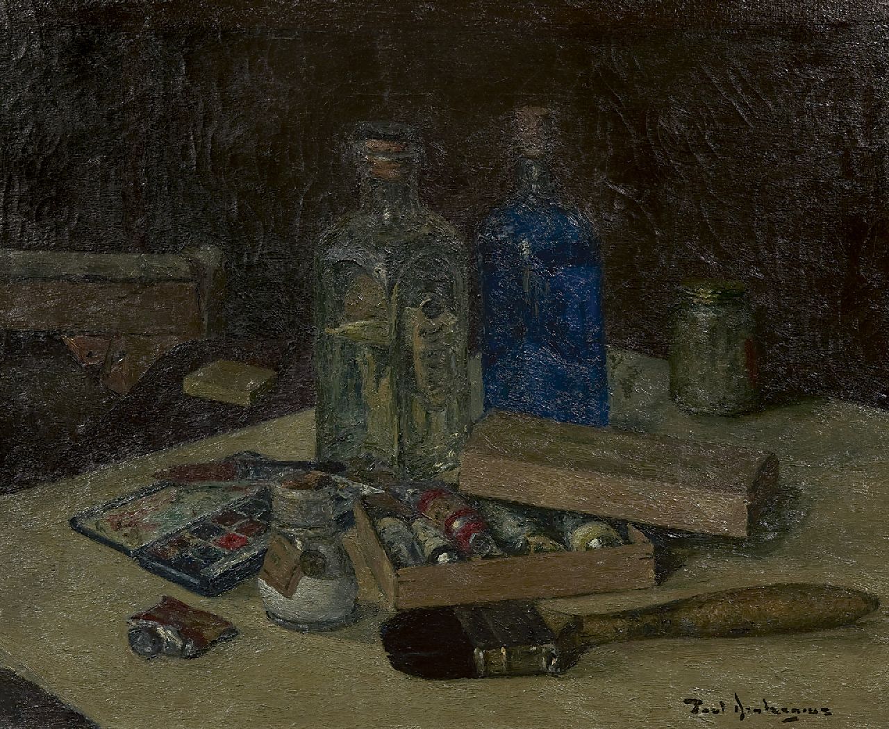 Arntzenius P.  | Paul Arntzenius, Stilleven met schildersgerei, olieverf op doek 35,1 x 42,8 cm, gesigneerd rechtsonder en op spieraam gedateerd 1943