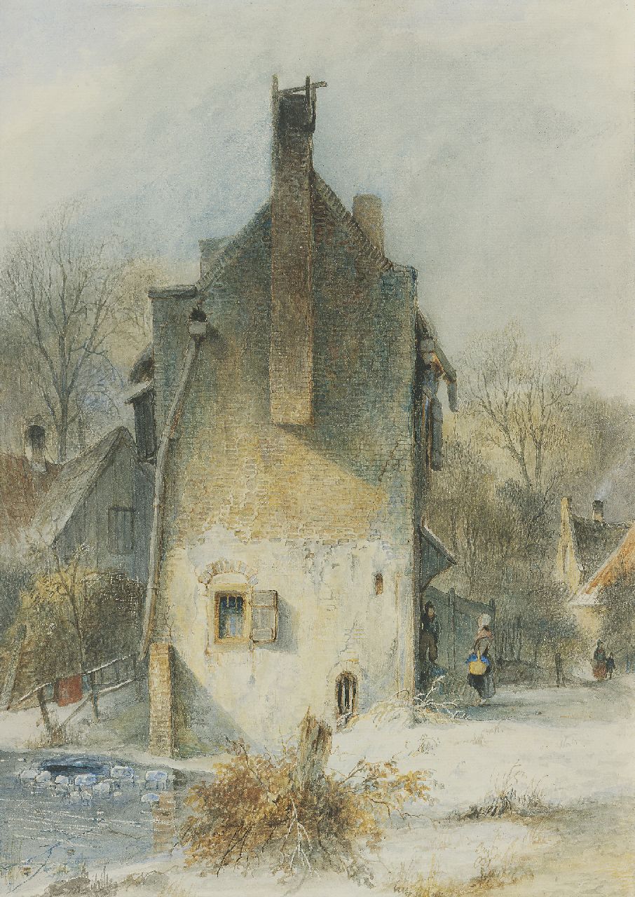 Schelfhout A.  | Andreas Schelfhout, Winters dorpsgezicht, pen, bruine inkt en aquarel op papier 37,9 x 27,0 cm
