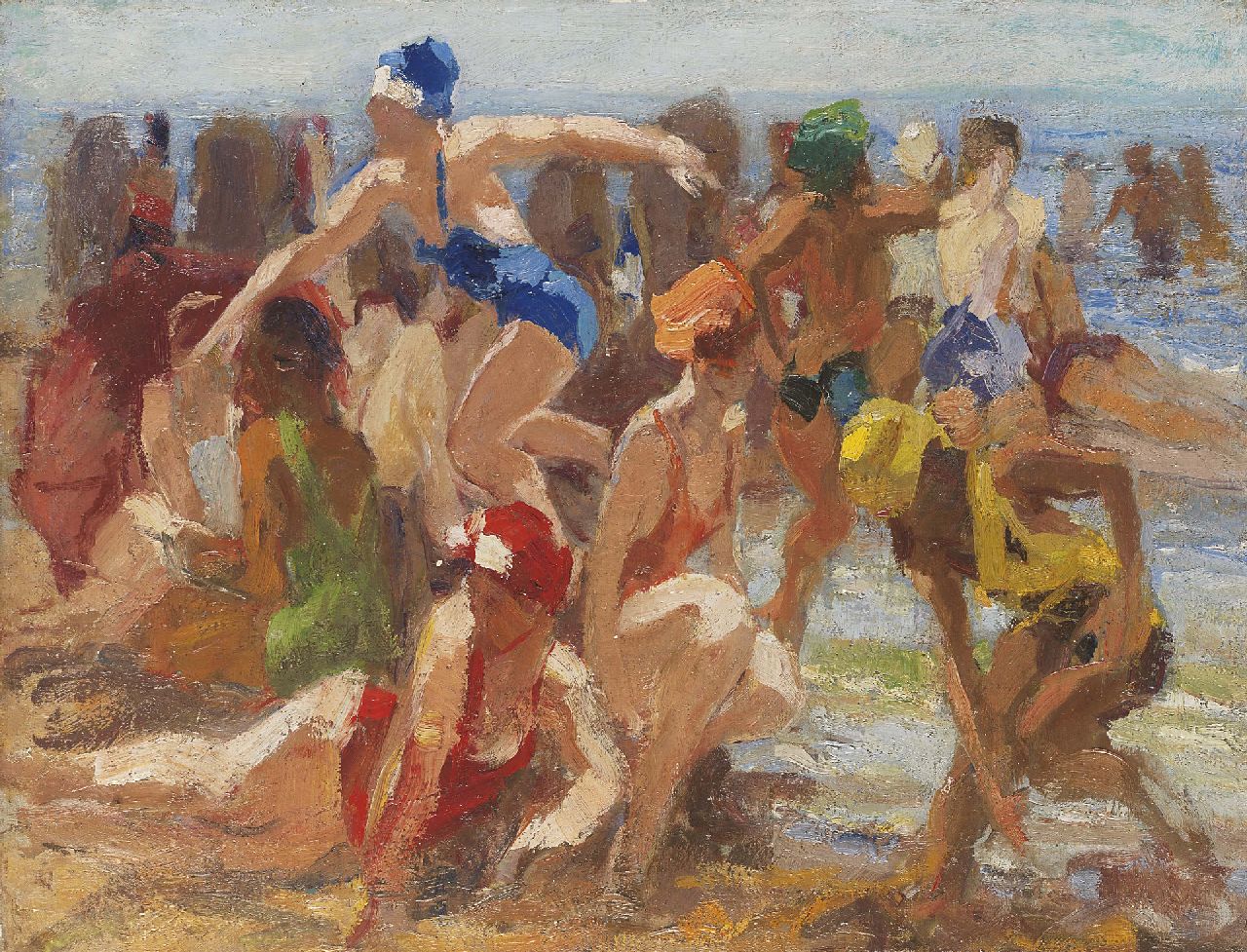 Vaarzon Morel W.F.A.I.  | Wilhelm Ferdinand Abraham Isaac 'Willem' Vaarzon Morel, Kleurige baadsters op het strand, olieverf op doek 37,5 x 48,5 cm